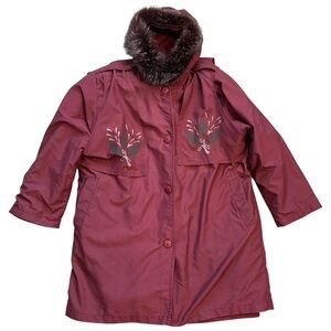 4 Saisons Canada Burgundy 3 in 1 Layer All Season Wool Fur Coat Size 14